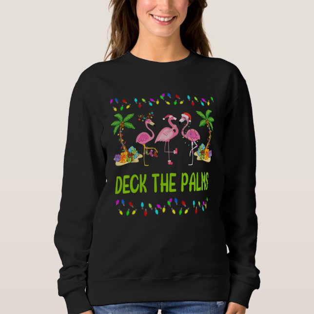 Deck the Palms Merry Flamingo Christmas T Shirt (Framsida)