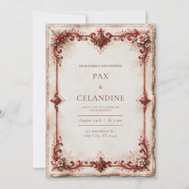 Deckled Crimson Floral Wedding Inbjudningar (Framsida)