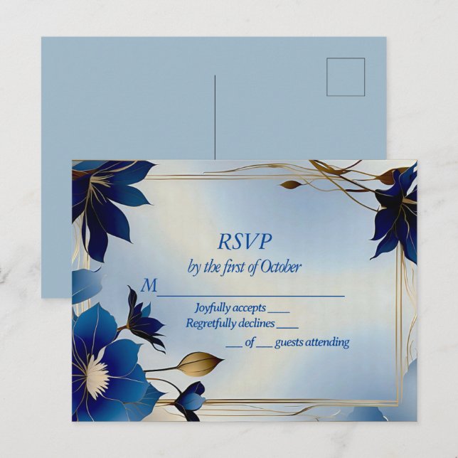 Deco-blå blommor bröllop RSVP Vykort (Fram/baksida)