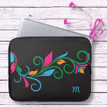 Deco Blommigt Monogram Laptop Fodral<br><div class="desc">Denna färgstarka påse för bärbara datorer eller sleever är redo för ditt eget monogram. Skapat i ett fet,  färglöst,  snurrande löv gräns mönster med ljust stänk av färg på svart. Redigera ditt monogram brev. Ditt val av flera storlekar.</div>