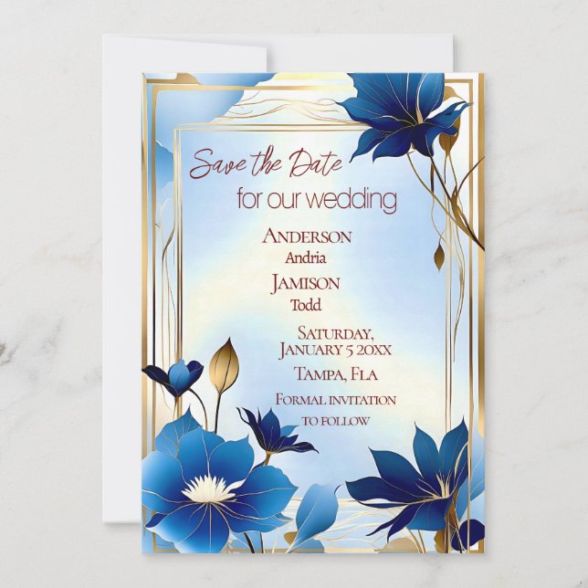 Deco blue flowers wedding save the date spara datumet (Framsida)