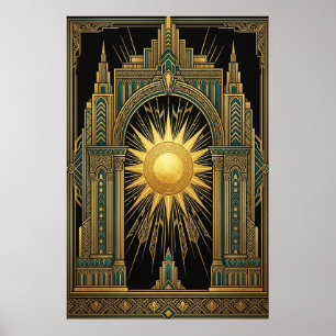 Deco Celestial Sun Portal Affisch   Guld Teal Cath