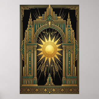 Deco Celestial Sun Portal Poster | Gold Teal Cathe