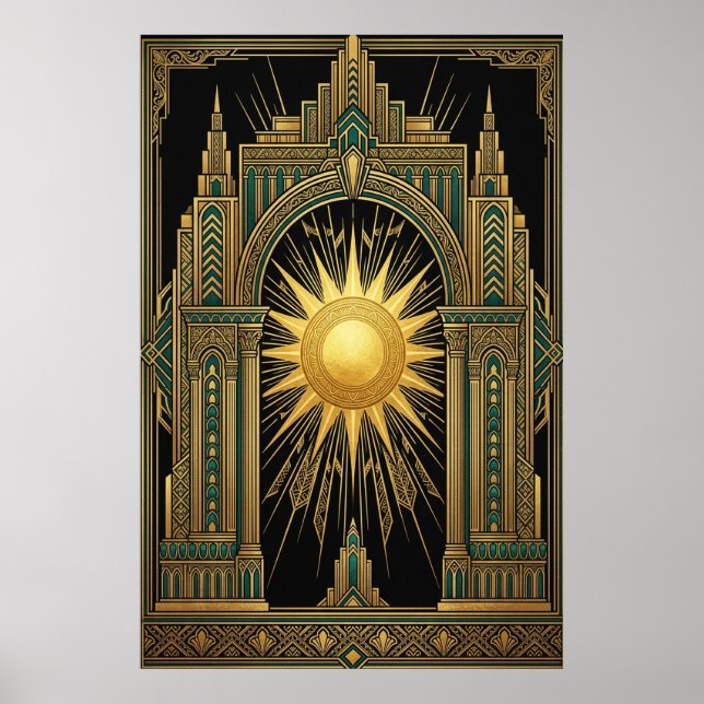 Deco Celestial Sun Portal Poster | Gold Teal Cathe (Framsidan)