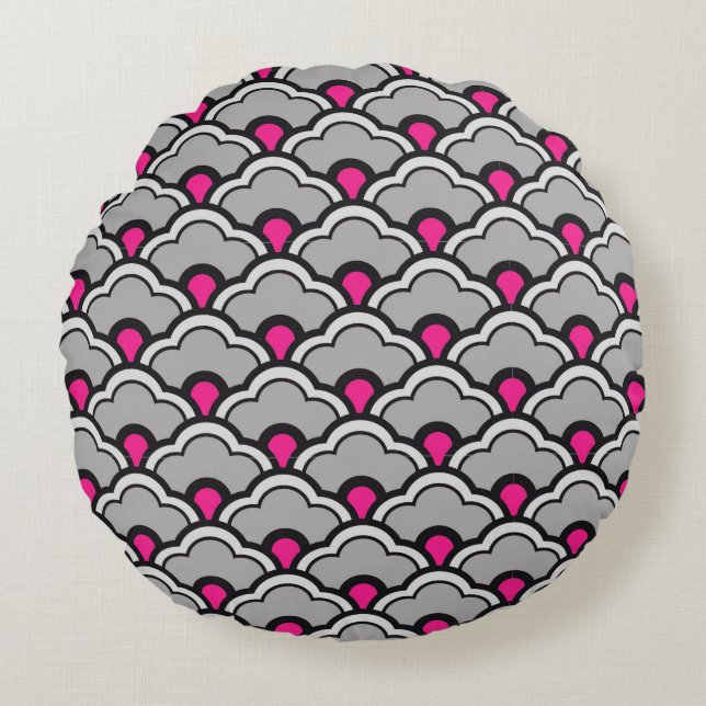 Deco Chinese Scallops, Grått/Grått, Black and Rosa Rund Kudde (Framsidan)