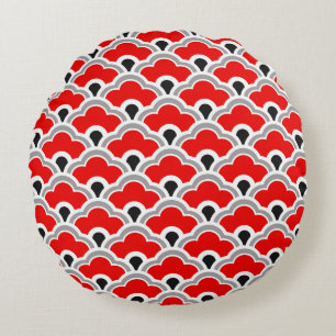 Deco Chinese Scallops, Red, Grått, Black and White Rund Kudde
