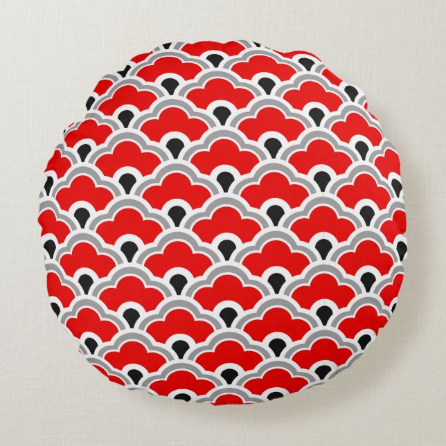 Deco Chinese Scallops, Red, Grått, Black and White Rund Kudde (Framsidan)