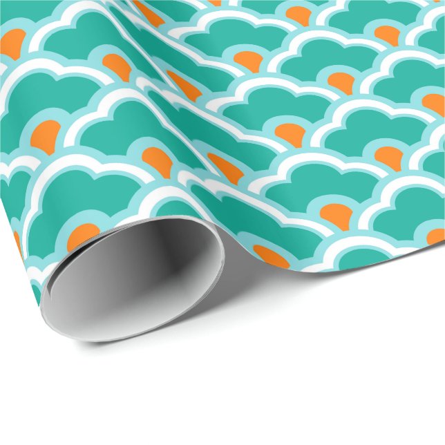 Deco Chinese Scallops, Teal, Aqua and Coral Presentpapper (Rullad Hörn)