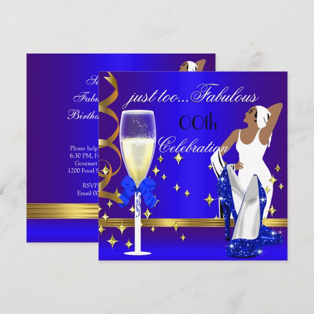Deco Dam Royal Blue Guld to Fabulous Birthday Inbjudningar (Fram/baksida)