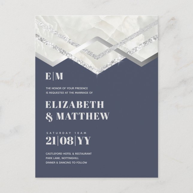 Deco Dusty Blue Silver minimalist Bröllop Vykort (Framsida)