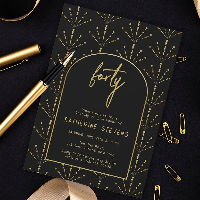 Deco Fläkt Fireworks Guld Boho Ram 40:e födelsedag Inbjudningar (deco 40th birthday invitation gold fans fireworks boho arch black elegant art diy template card)