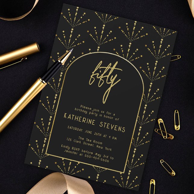 Deco Fläkt Fireworks Guld Boho Ram 50:e födelsedag Inbjudningar (art deco gatsby 50th birthday invitation women black gold fan flowers fireworks geometric elegant)