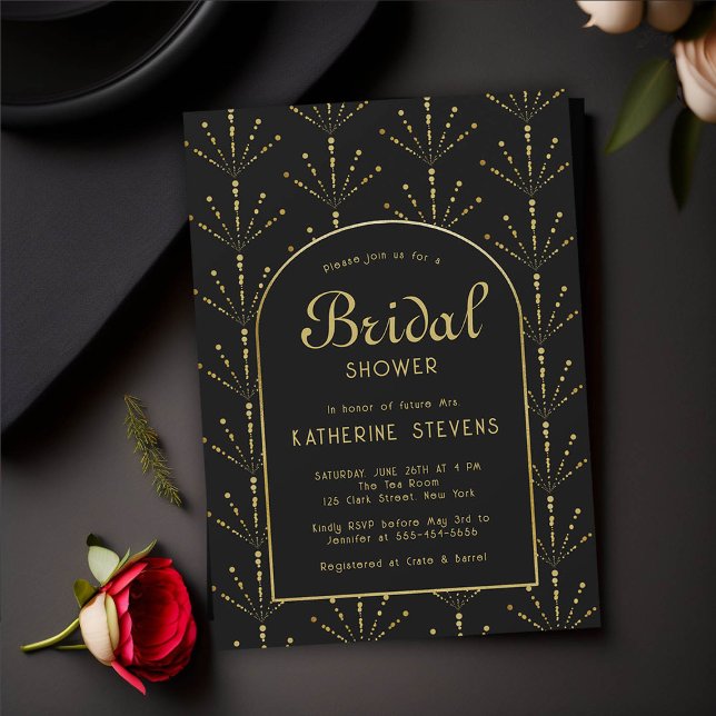 Deco Fläkt Fireworks Guld Boho Ram Möhippa Inbjudningar (deco bridal shower invitation black gold fan flowers fireworks roaring 20s gatsby boho arch elegant )