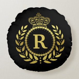 Deco för Monogrammed lagrarkrankrona svart guld Rund Kudde