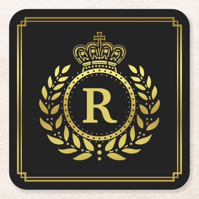 Deco för Monogrammed lagrarkrankrona svart guld Underlägg Papper Kvadrat (Framsidan)