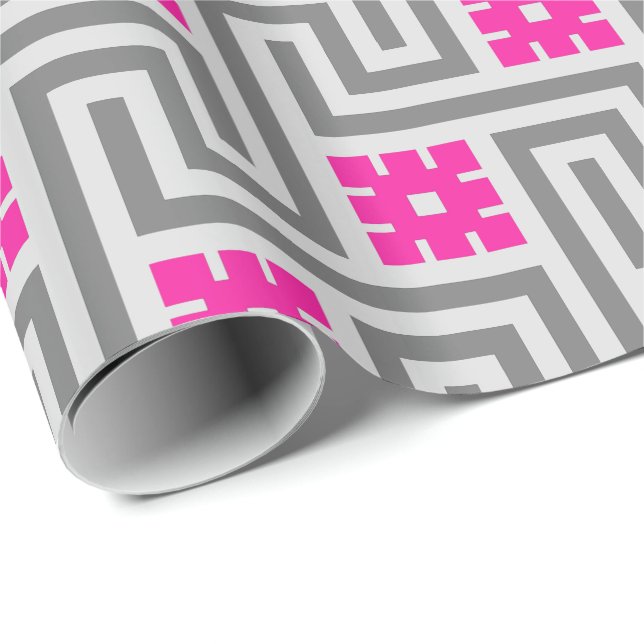 Deco grekisk nyckel, grå och fuchsia rosa presentpapper (Rullad Hörn)
