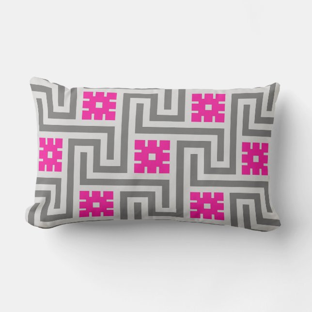 Deco Grekiska Nyckel, Grått/Grått och Fuchsia Rosa Lumbarkudde (Framsida)