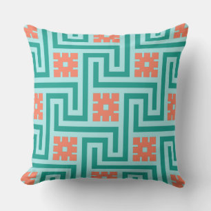 Deco Grekiska Nyckel, turkos, Aqua och Coral Kudde