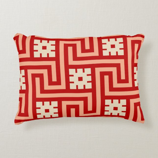 Deco greknyckel, korallorange och beige prydnadskudde (Framsidan)