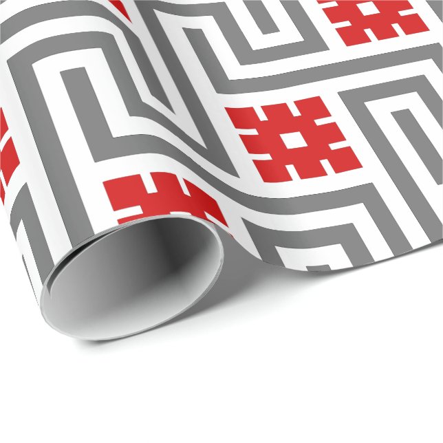 Deco greknyckel, rött, vit och grå färg/grått presentpapper (Rullad Hörn)