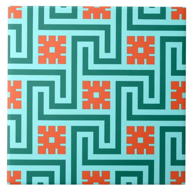 Deco greknyckel, turkos, Aqua och korall Kakelplatta (Framsidan)