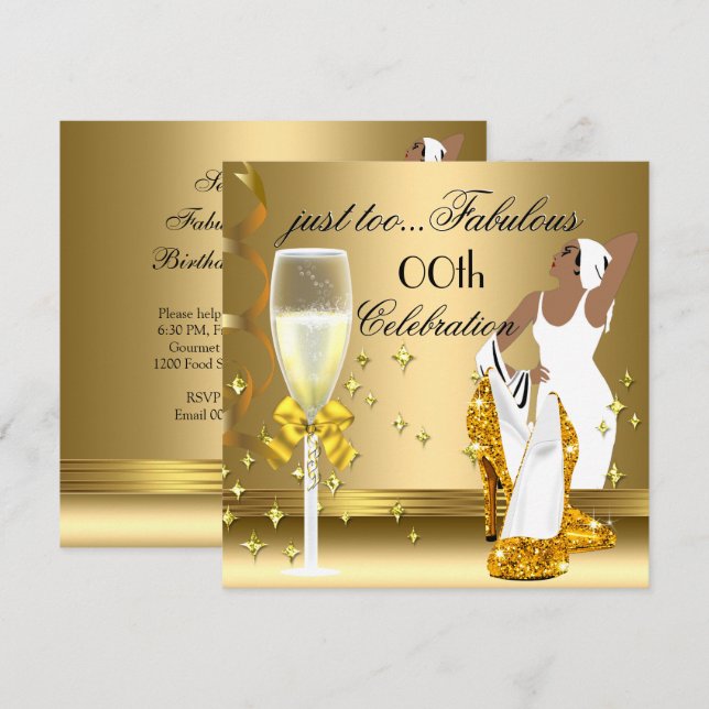 Deco Lady Guld För Mycket Fantastisk Födelsedag Inbjudningar (Fram/baksida)