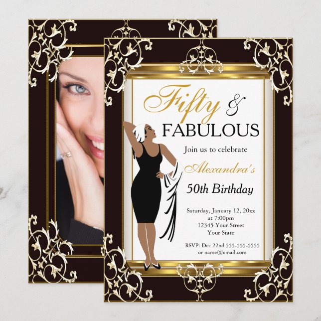 Deco Lady Guld Svart 50-års Fabulous Födelsedagsfo Inbjudningar (Fram/baksida)