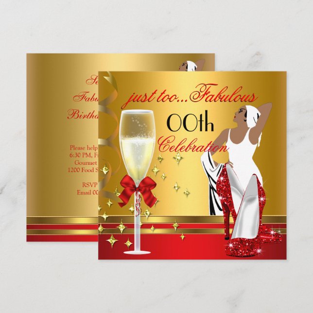 Deco Lady Röd Guld För Fabulöst Födelsedagsfirande Inbjudningar (Fram/baksida)