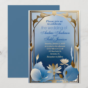 Deco minimalism blue guld lotus blomma bröllop inbjudningar
