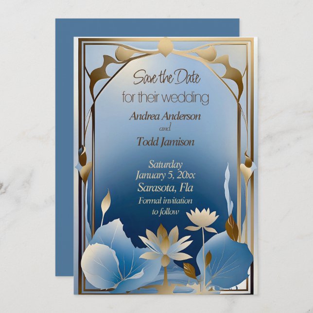 Deco minimalism blue guld lotus blomma spara datumet (Fram/baksida)