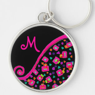 DECO MONOGRAM Rosa Fuchsia Gult White Black Rund Silverfärgad Nyckelring
