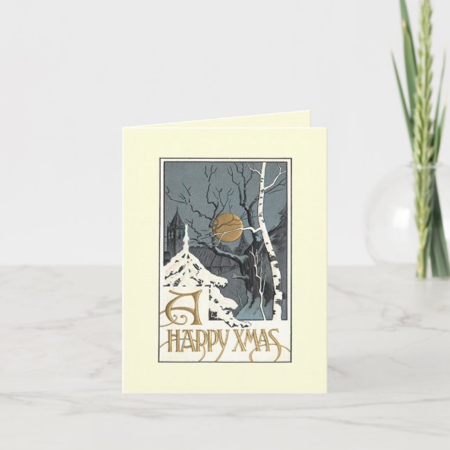 Deco Snowy Scene Måne Birch Träd Greeting Card Helgkort (Framsida)