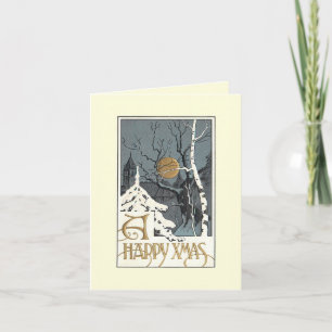 Deco Snowy Scene Måne Birch Träd Greeting Card Helgkort