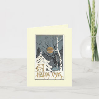 Deco Snowy Scene Måne Birch Träd Greeting Card Helgkort