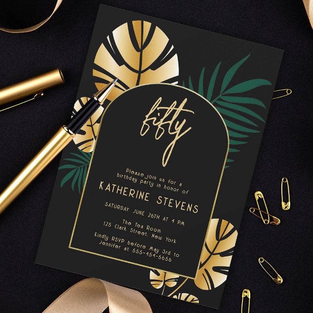 Deco Tropical Jungle Guld Boho Ram 50:e födelsedag Inbjudningar (gold deco tropical jungle 50th birthday invitation card diy gatsby roaring 20s black boho arch chic)