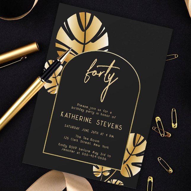 Deco Tropical Löv Guld Boho Ram 40:e födelsedagen Inbjudningar (gold tropical leaf monstera art deco 40th birthday invitation diy card women black boho arch elegant)