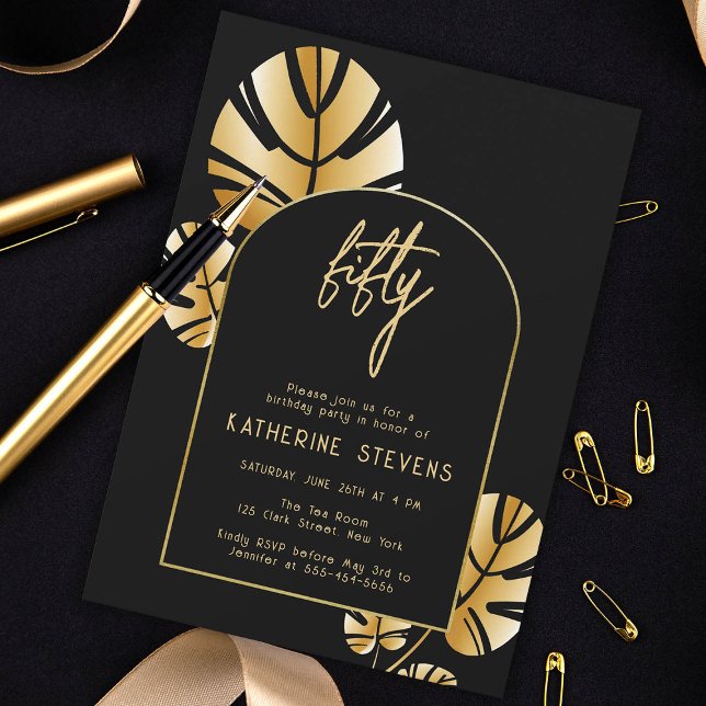 Deco Tropical Löv Guld Boho Ram 50:e födelsedagen Inbjudningar (gold tropical leaf monstera art deco 50th birthday invitation diy card women black roaring 20s chic)