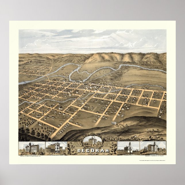 Decorah, Iowa Panoramic Karta - 1870 Poster (Framsidan)