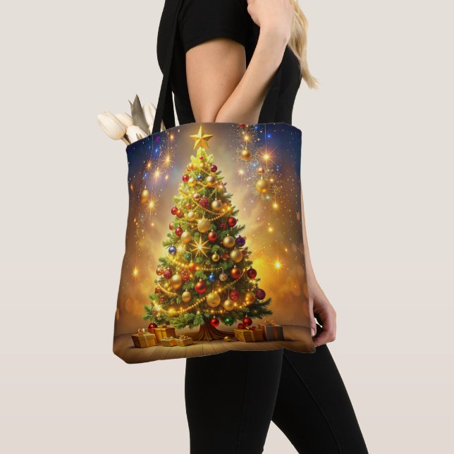 Decorated Christmas Tree Tote Bag Tygkasse (Närbild)