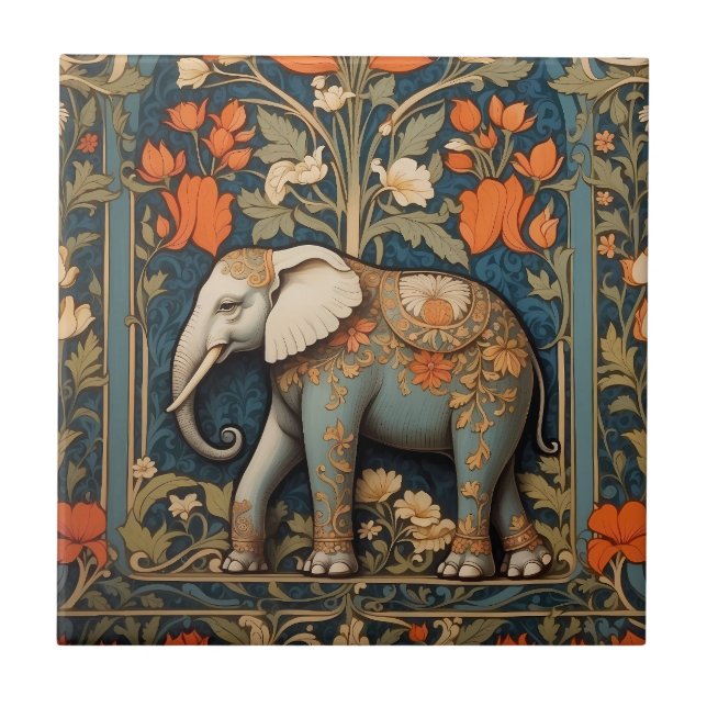 Decorated Elephant William Morris Inspired Blommig Kakelplatta (Framsidan)