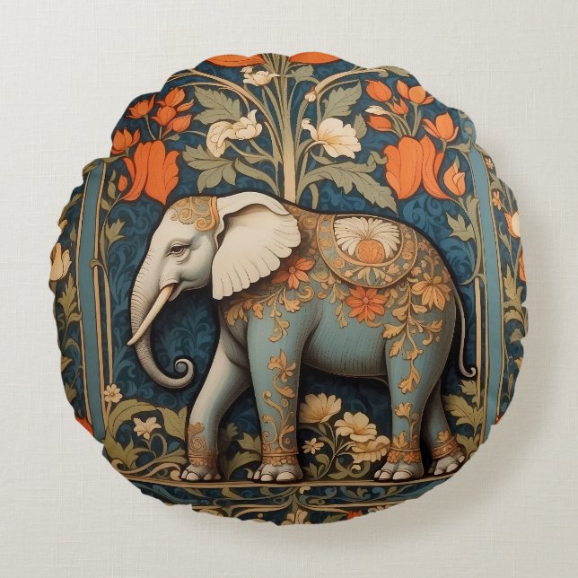 Decorated Elephant William Morris Inspired Blommig Rund Kudde (Framsidan)