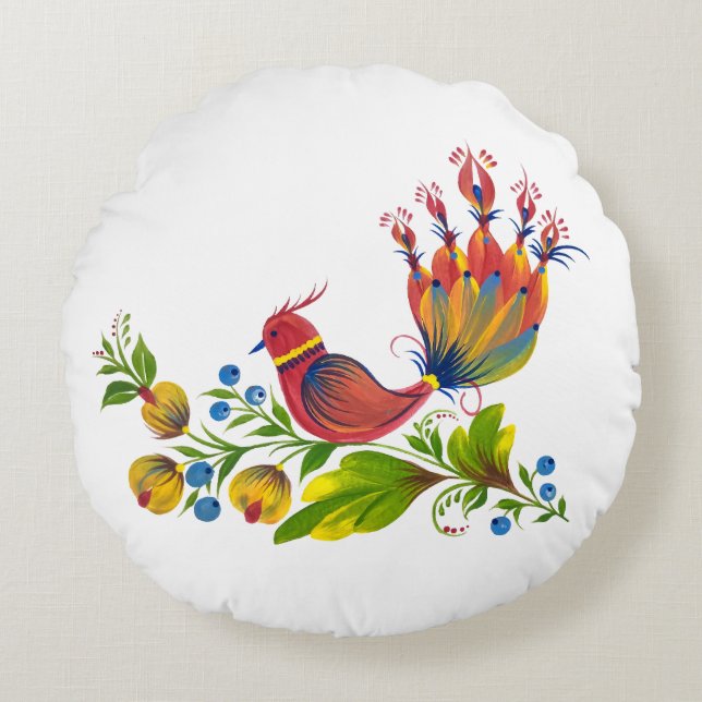 Decorative Bird with Flowers & Berries Rund Kudde (Framsidan)