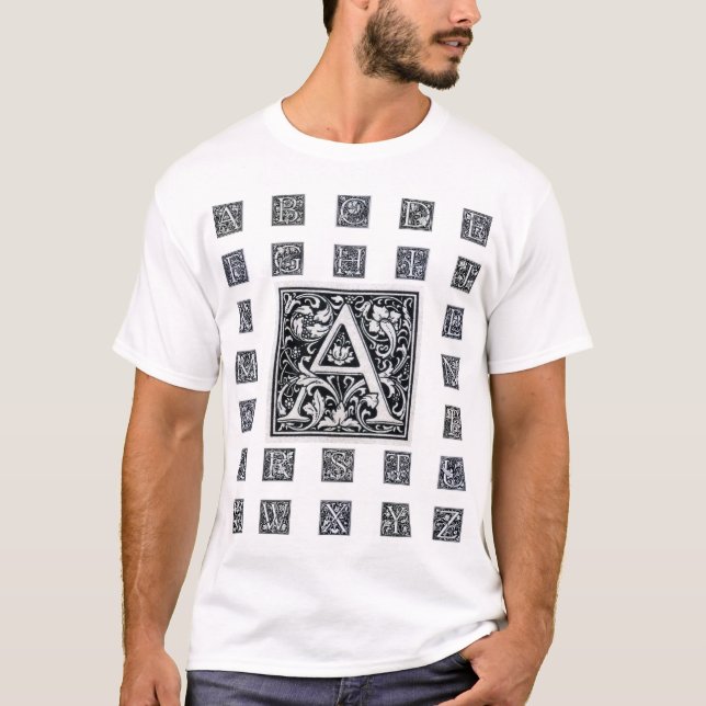 Decorative Brev ’A’ Woodcut Woodblock Initial Tee Shirt (Framsida)