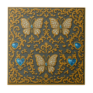 Decorative Butterfly Design in Gold and Blue  Kakelplatta