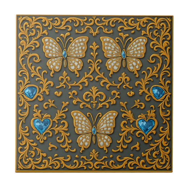 Decorative Butterfly Design in Gold and Blue  Kakelplatta (Framsidan)