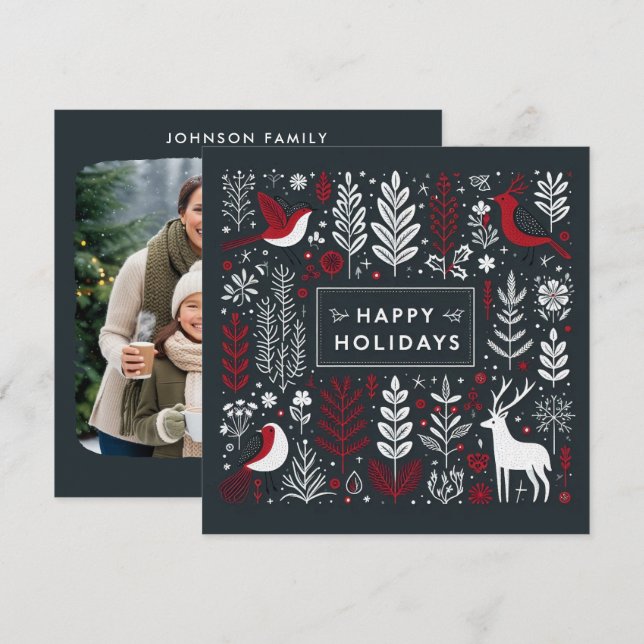 Decorative Christmas deer and robins Julkort (Fram/baksida)