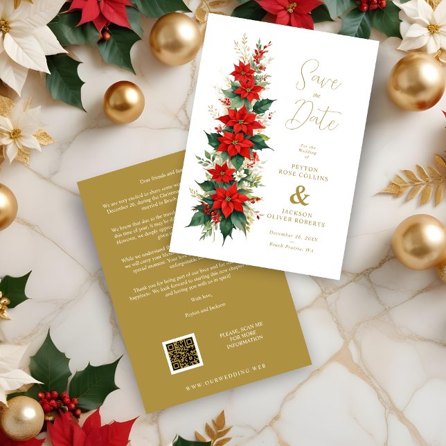 Decorative & Elaborate Elegant Poinsettias Garland Spara Datumet (Decorative & Elaborate Elegant Poinsettias Christmas Garland Wedding Save the Dates Cards.)