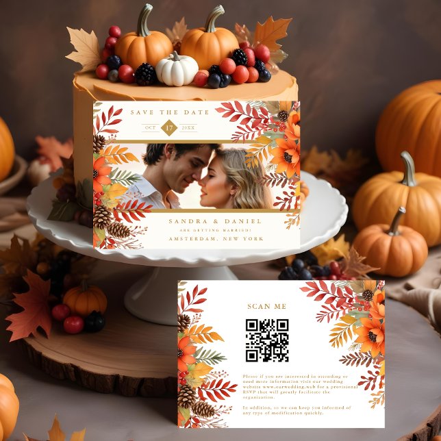 Decorative Fall Foliage & Flowers Photo Wedding  Spara Datumet (Decorative Fall Foliage & Flowers Photo Wedding Save the Dates Cards.)
