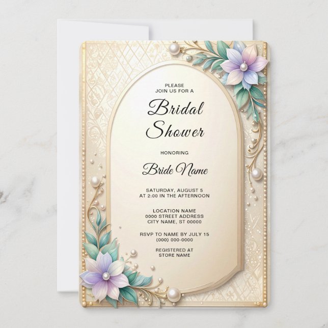 Decorative Floral Frame with Pearls Bridal Shower Inbjudningar (Framsida)