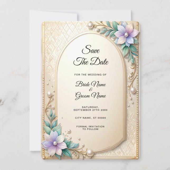Decorative Floral Frame with Pearls Save The Date Spara Datumet (Framsida)